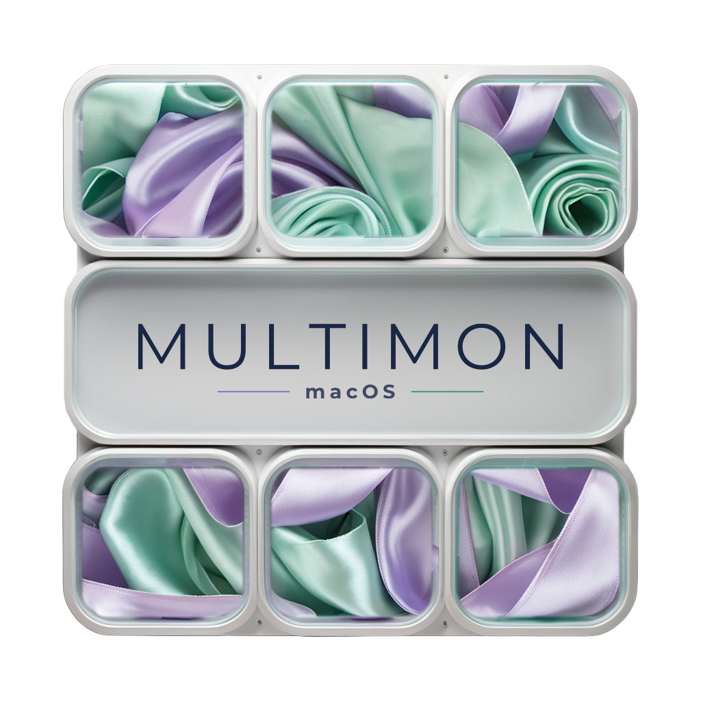 MultiMon macOS ident — a mint and lavender video wall on white