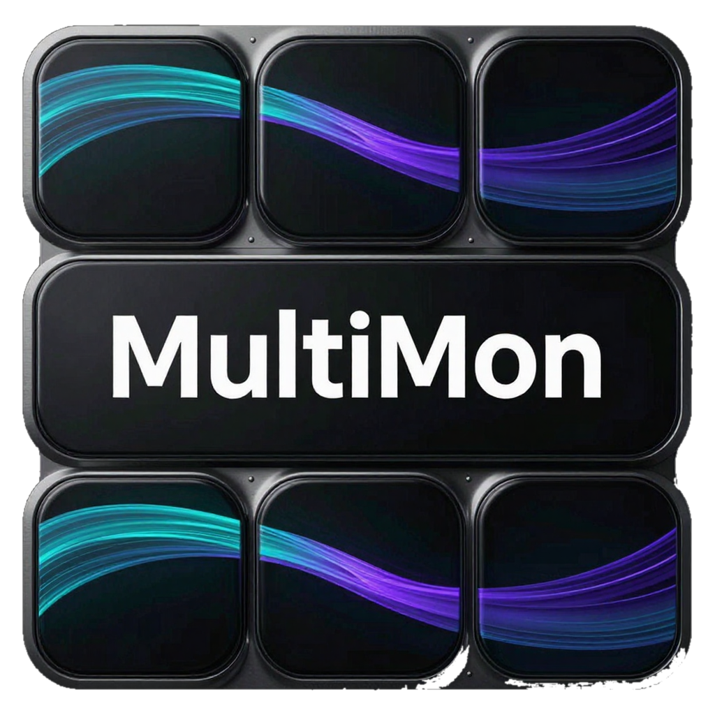 MultiMon Windows ident — a teal-cyan and violet video wall on black